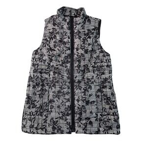 J. Jill Down Puffer Vest Womens XS Petite Black White Houndstooth Floral Zip NWT
